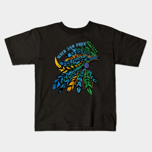 Colored Feather: WILD AND FREE Kids T-Shirt by Firts King